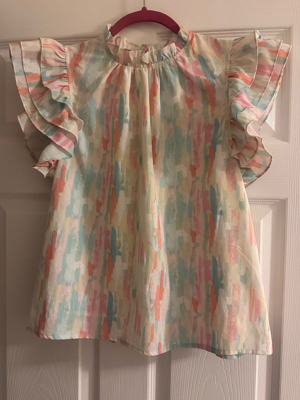 Avara Pastel Watercolor Ruffle Sleeve Blouse - Multi Color Size Large